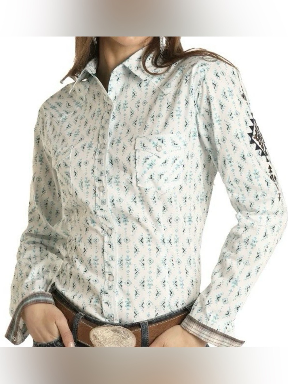 Panhandle Women M Western Shirt Aztec Turquoise Pearl Snap Cotton Top